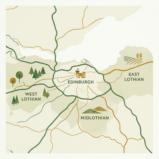 Stylised map showing Edinburgh, East Lothian, West Lothian, and Midlothian